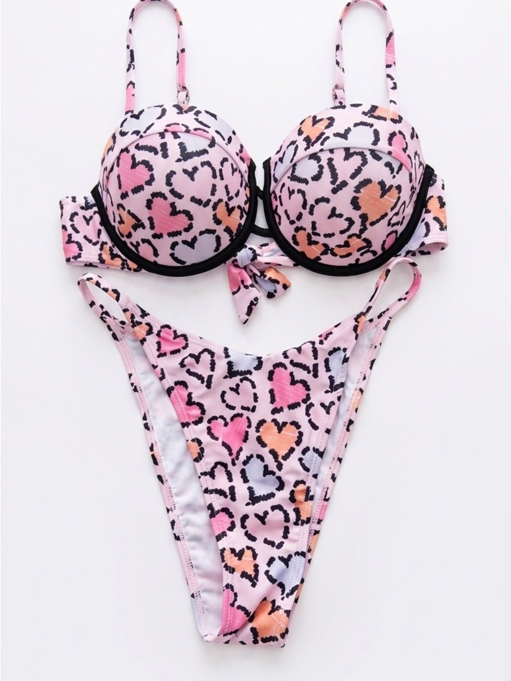 SHEIN Pink Multi Heart Print Push Up Bikini Set Tropical Summer Swimsuit Medium